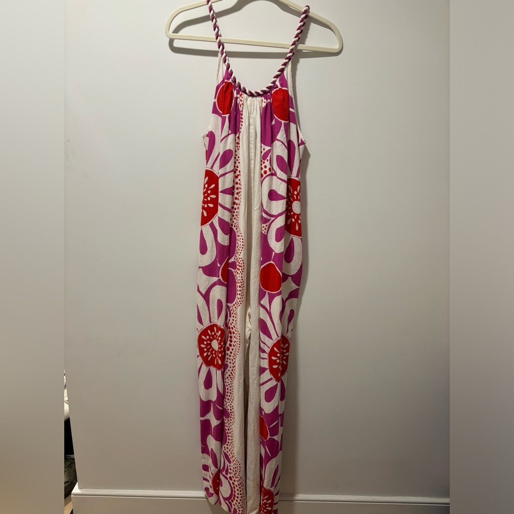 Farm Rio Off-White Maia Pink Floral Linen Blend Wide Leg Scoop Neck Jumpsuit - Picture 8 of 11